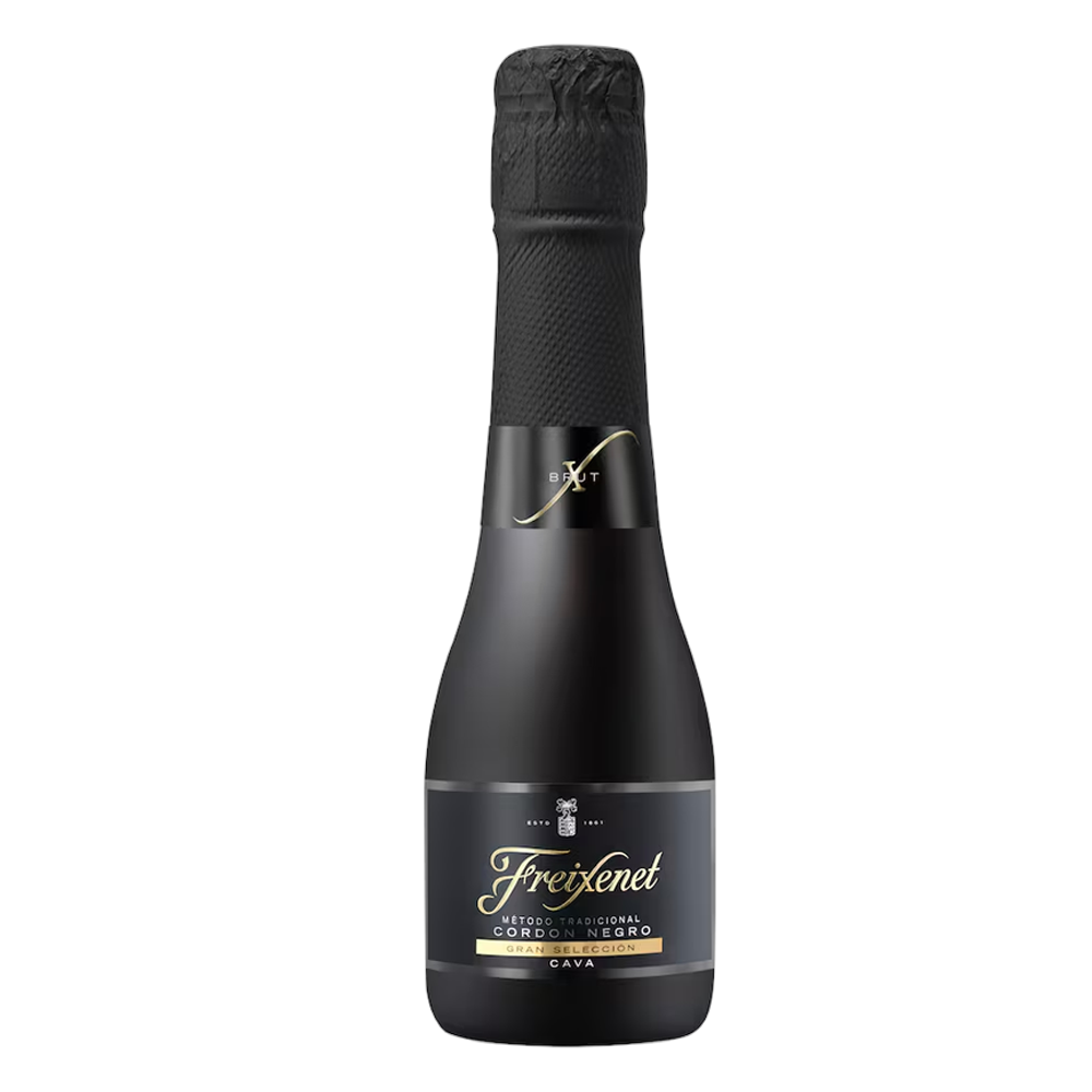 A 20cl bottle of Freixenet Cordon Negro, a sparkling wine in a matte black bottle with gold and white branding.