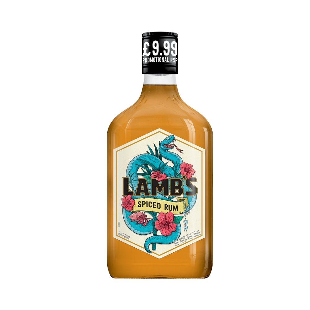 A 35cl bottle of Lambs Spiced Rum with a dark liquid and a label featuring a ship design and the brand's logo.