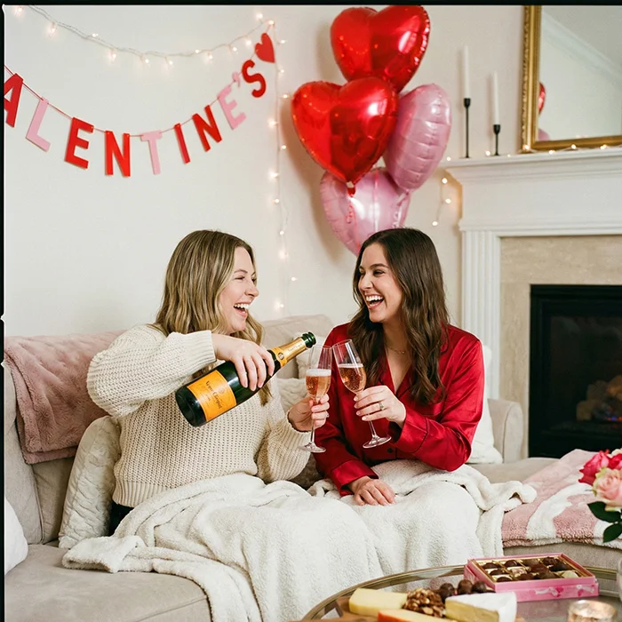Friends enjoying a cosy Galentine’s celebration at home with prosecco as part of Valentine’s drinks deals at Bargain Booze