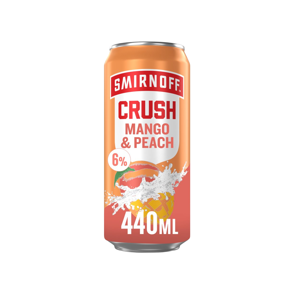 A 440ml can of Smirnoff Crush Mango & Peach vodka drink, featuring a vibrant design with mango and peach graphics.