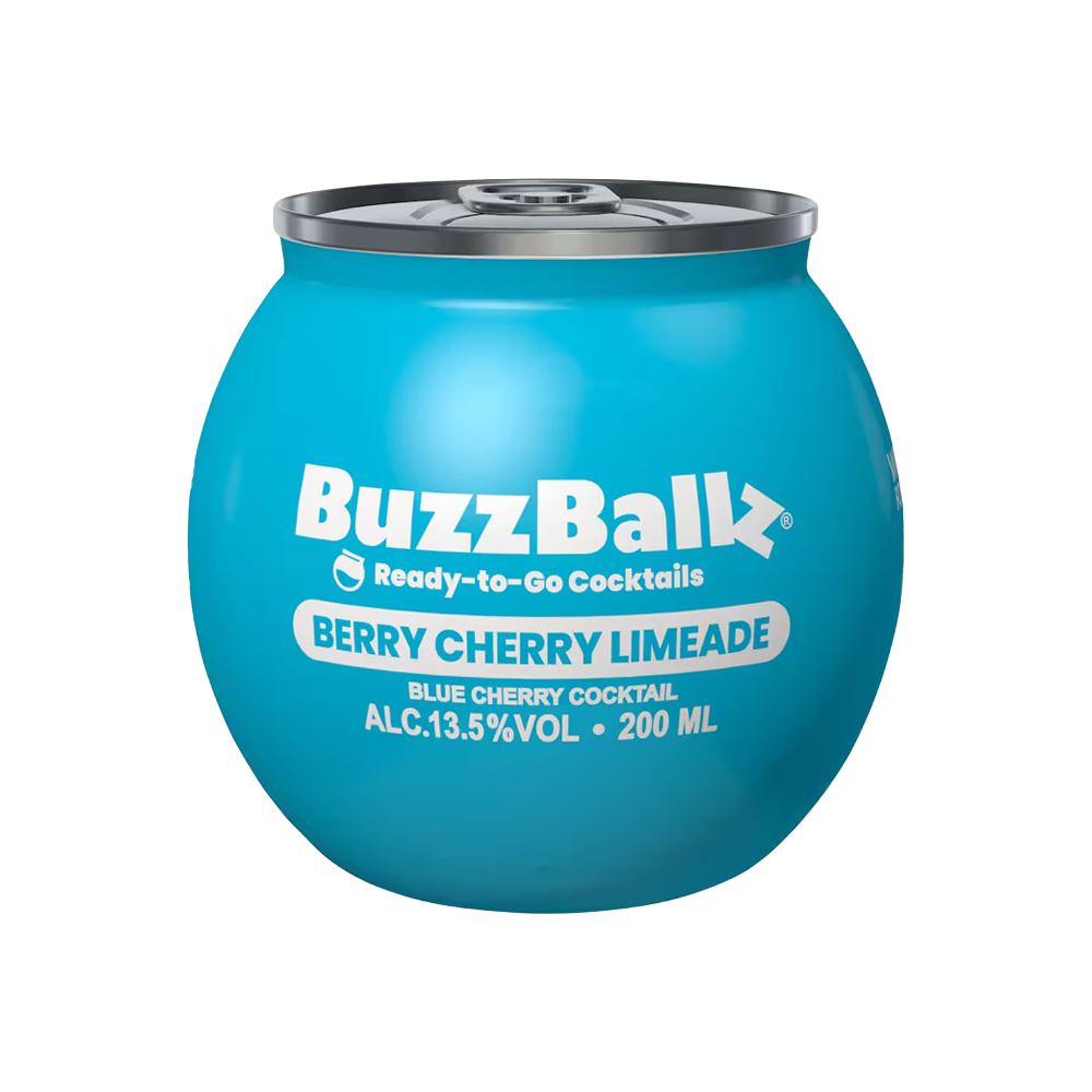 A 200ml Buzzballz Berry Cherry Limeade cocktail in a round, red, ball-shaped can with a silver pull tab and label text.