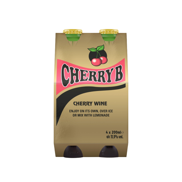 Four 200ml glass bottles of Cherry B sparkling cherry wine with red foil labels and gold-coloured caps, arranged in a row.