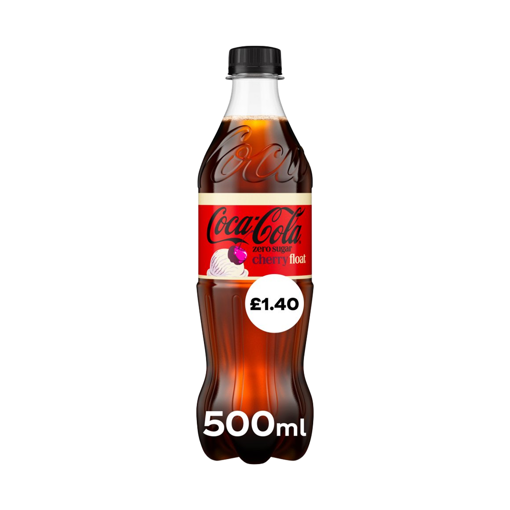 A 500ml plastic bottle of Coke Zero Cherry Float with a red and black label, featuring cherry graphics.
