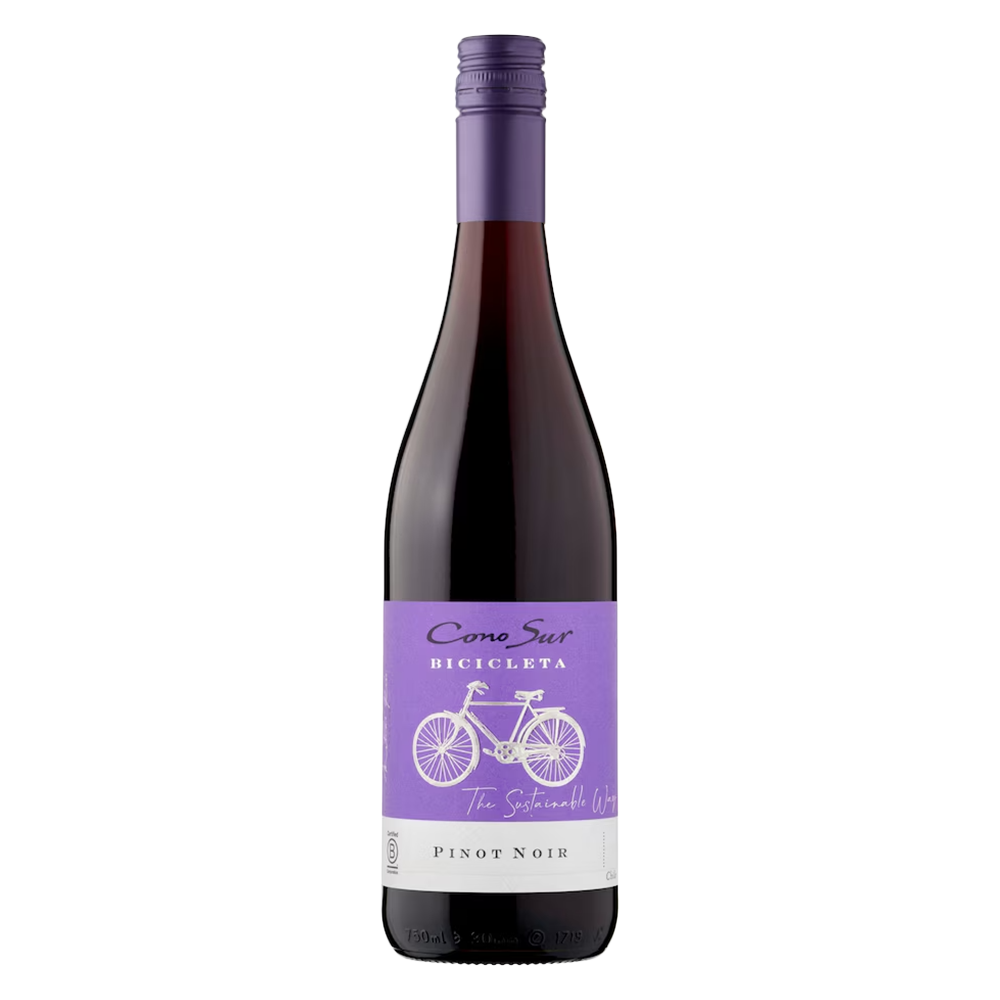 Bottle of Cono Sur Bicicleta Pinot Noir wine, 75cl, with a label featuring a bicycle illustration.