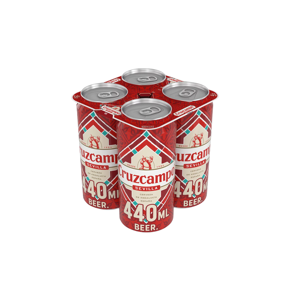 Four cans of Cruzcampo lager, each 440ml, arranged in a 2x2 formation on a white background.