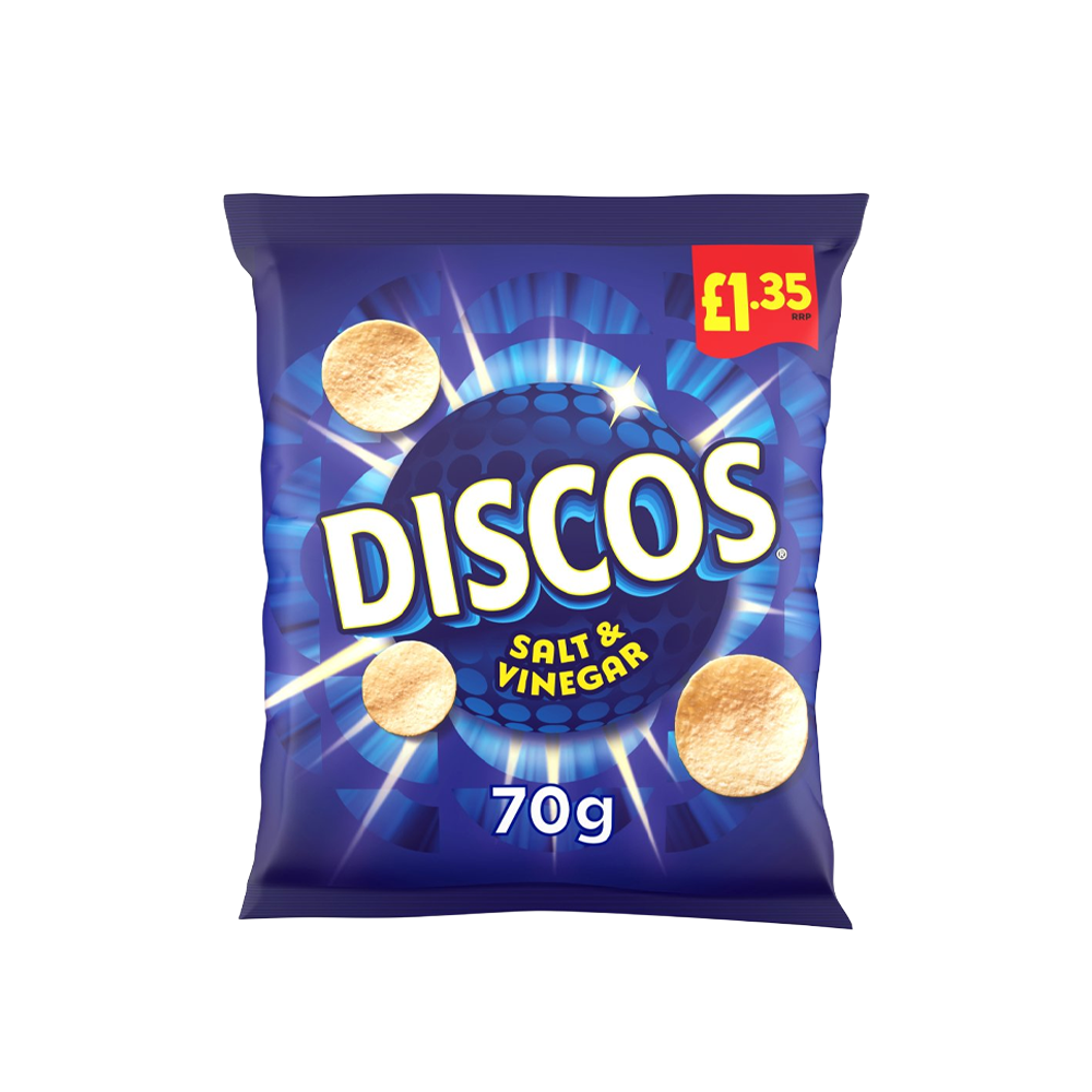 Packet of Discos Salt & Vinegar crisps, 70g, with a price mark of £1.35 on the packaging.
