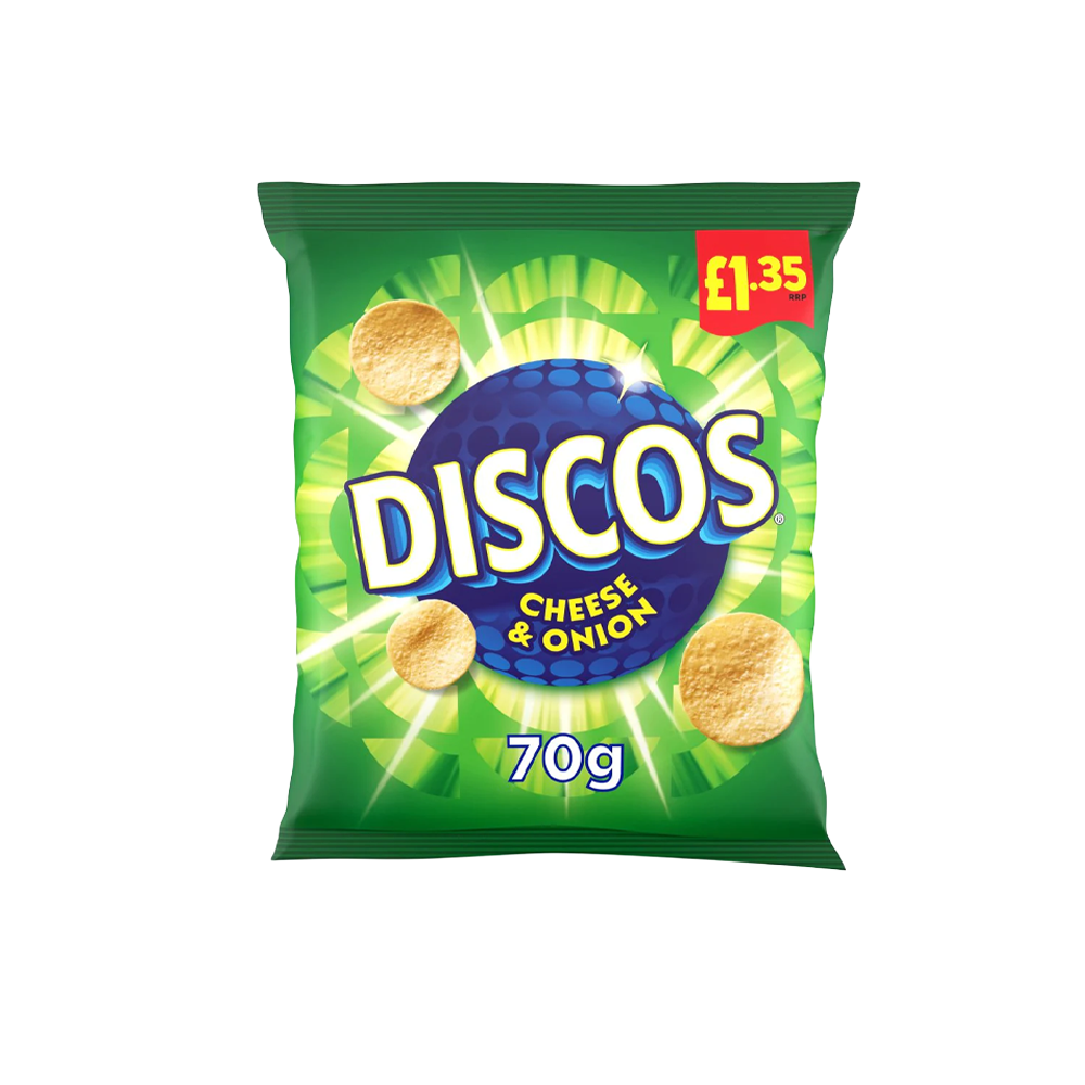 Pack of Discos Cheese & Onion crisps, 70g, priced at £1.35. The packet is blue with yellow and white text.