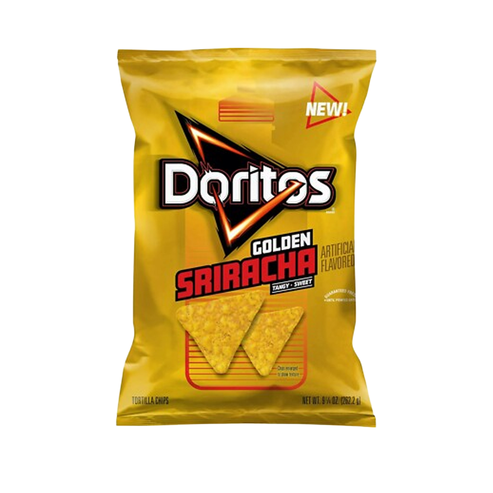 Bag of Doritos Golden Sriracha, 180g. Bright red packaging featuring images of spicy tortilla chips and a sriracha sauce bottle.