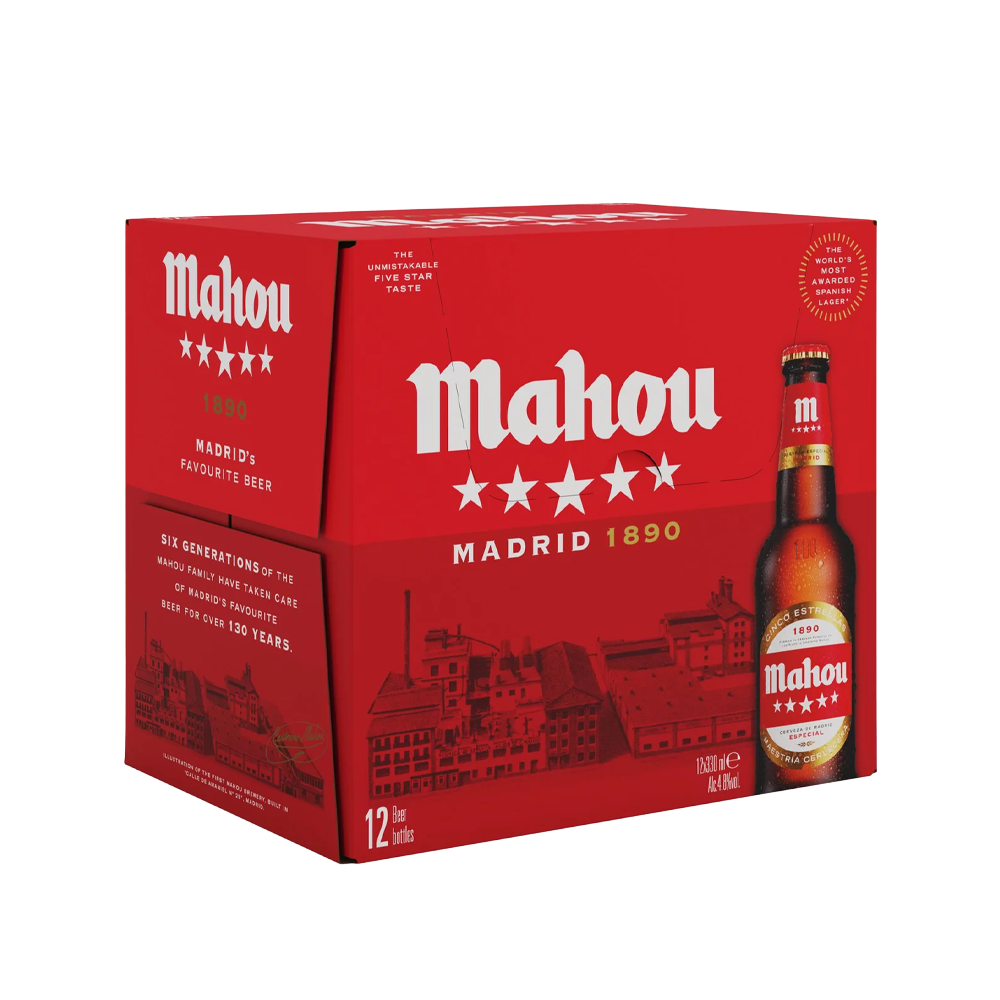 Pack of 12 Mahou beer bottles, each 330ml, with red and gold labels on a white background.