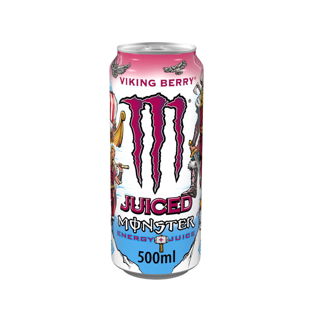 A 500ml can of Monster Viking Berry energy drink with a blue and red design, featuring the Monster logo and Nordic patterns.