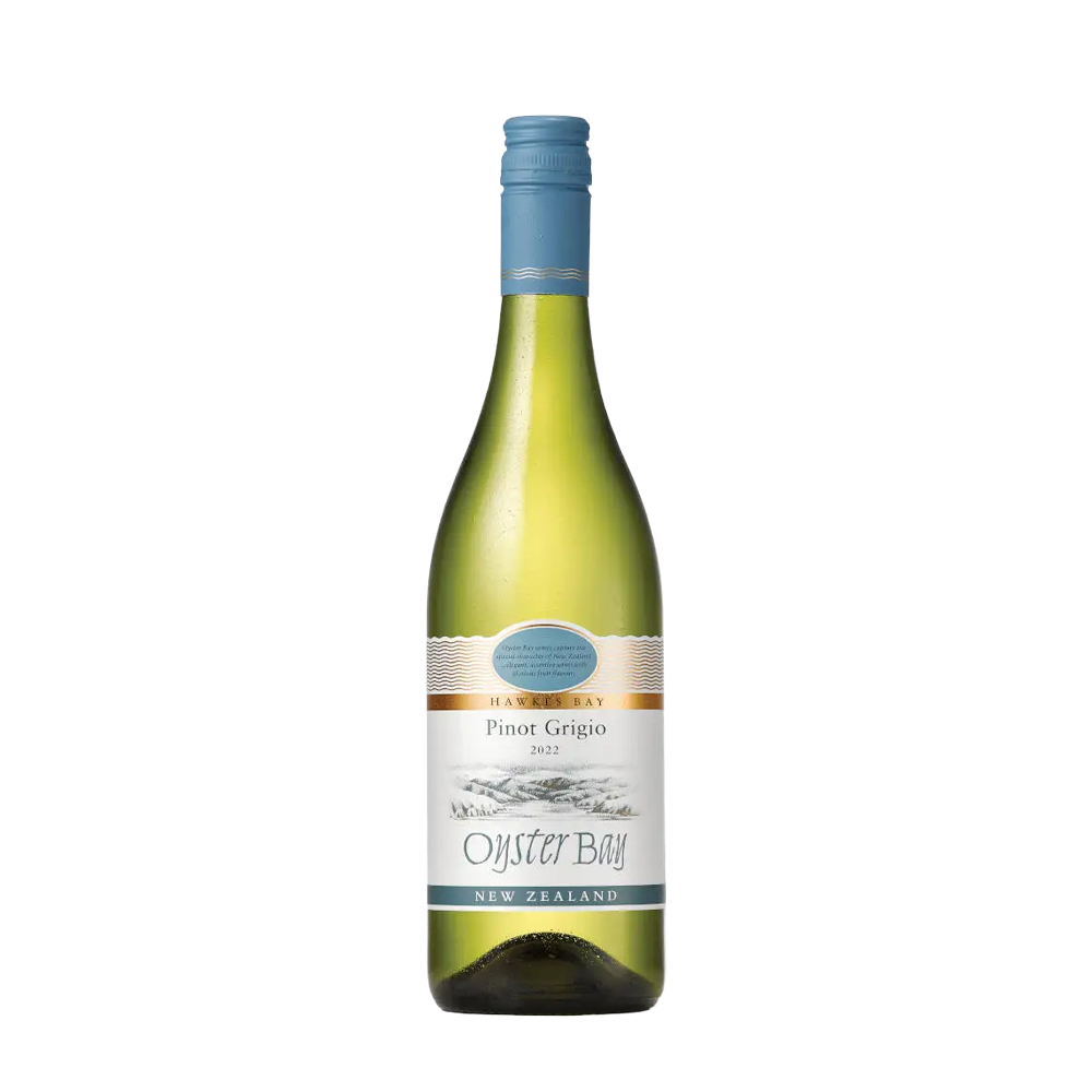Bottle of Oyster Bay Pinot Grigio wine, 75cl, with a light-coloured label featuring the brand logo and text on a plain background.