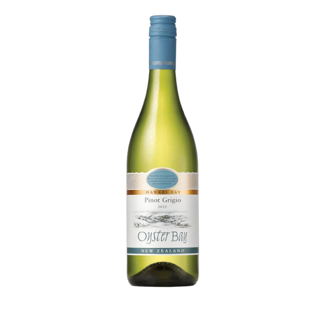 Bottle of Oyster Bay Pinot Grigio 2022, featuring a green label and a scenic design.