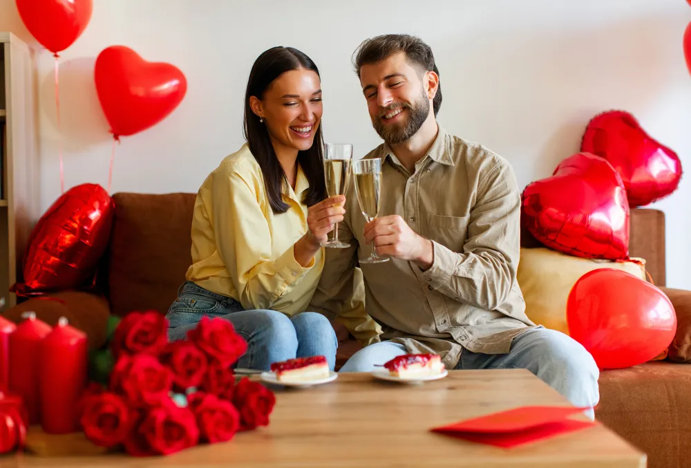 Couple celebrating Valentine’s Day at home with glasses of sparkling wine