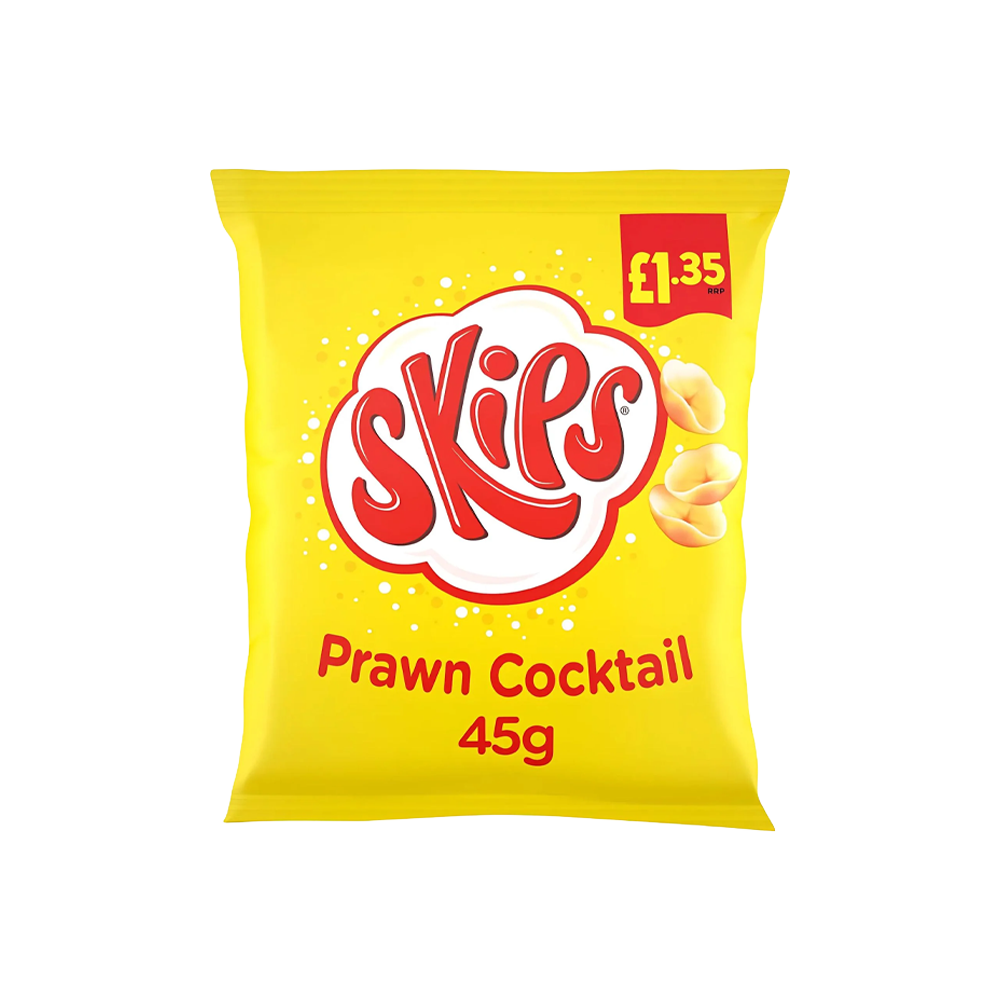 A 45g bag of Skips Prawn Cocktail flavoured snacks with a vibrant pink and yellow design, featuring the Skips logo prominently.