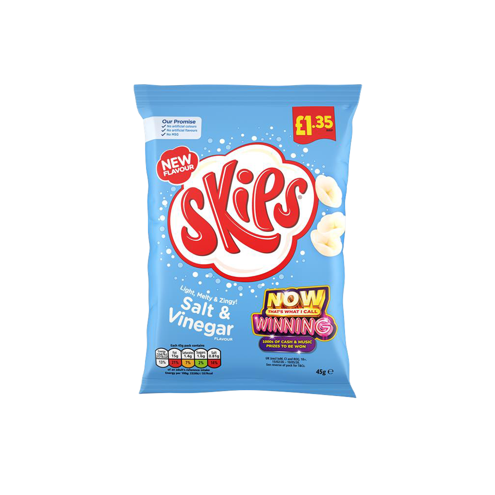 Packet of Skips Salt & Vinegar crisps, 45g, marked with a price of £1.35. Packaging is blue with logos and text.