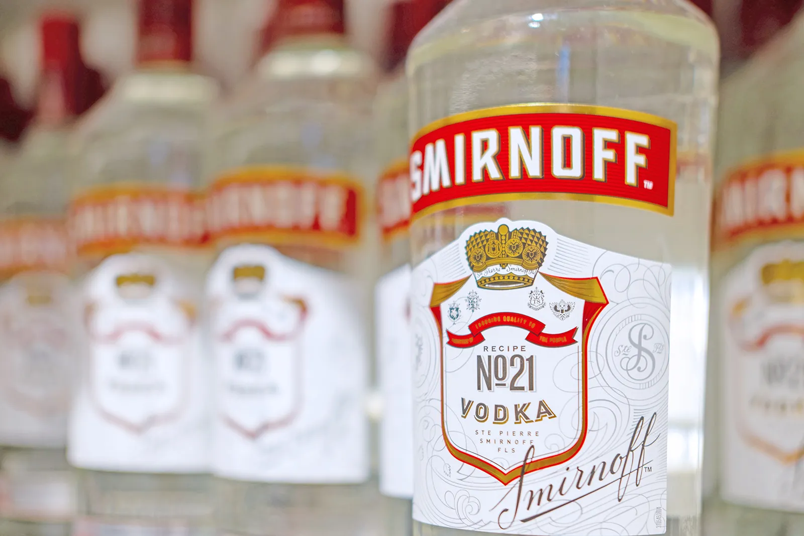 Smirnoff No.21 Red Label vodka bottles on store shelf