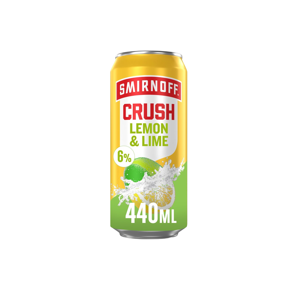 A 440ml can of Smirnoff Crush Lemon & Lime vodka drink with a green and yellow design featuring lemons and limes.