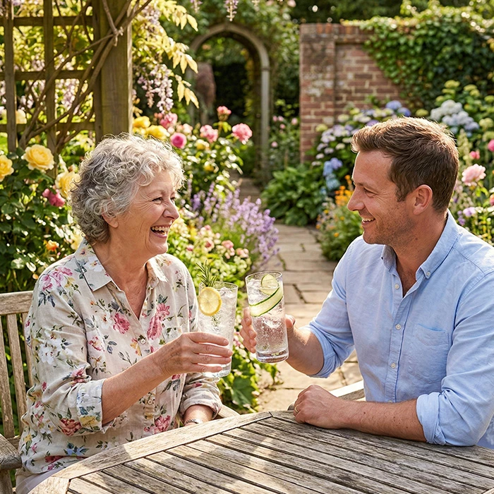 Mother and son enjoying gin and tonic in a garden setting, raising a glass as part of Mum Deserves More & The Irish Deserve a Toast: Mother’s Day and St Patrick’s Day Sorted at Bargain Booze.