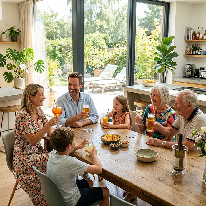 Family gathered around the table enjoying drinks together at home, celebrating Mum Deserves More & The Irish Deserve a Toast: Mother’s Day and St Patrick’s Day Sorted at Bargain Booze.