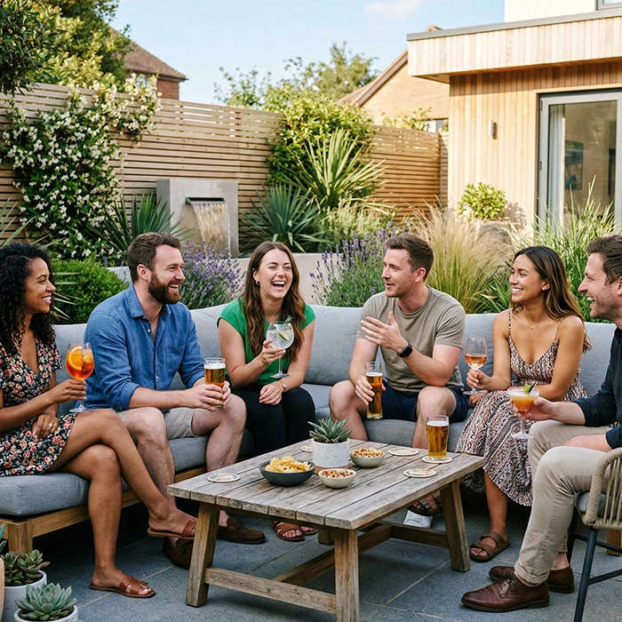 Friends enjoying drinks together outdoors in spring sunshine, celebrating Mum Deserves More & The Irish Deserve a Toast: Mother’s Day and St Patrick’s Day Sorted at Bargain Booze.