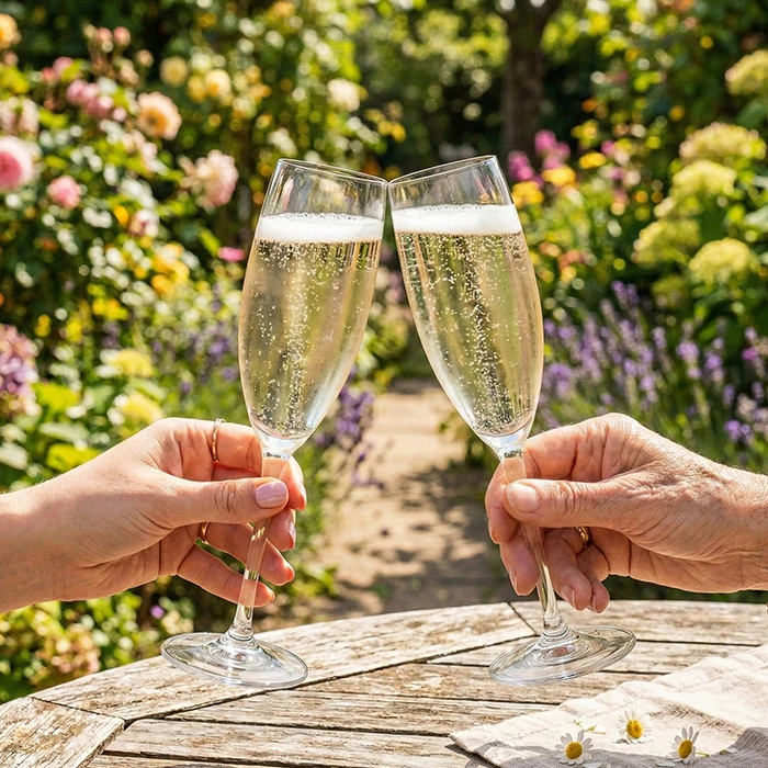 Two hands clinking glasses of sparkling wine in a sunny garden setting, celebrating Mum Deserves More & The Irish Deserve a Toast: Mother’s Day and St Patrick’s Day Sorted at Bargain Booze.