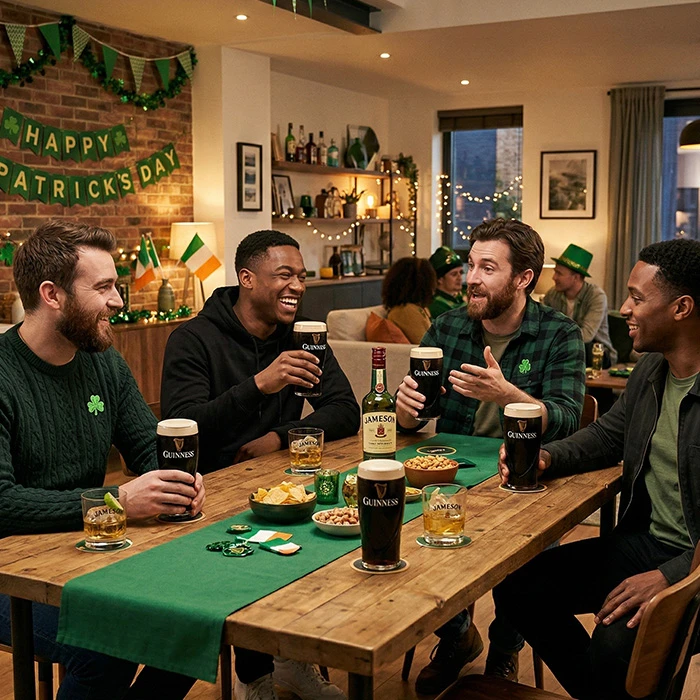 Friends celebrating St Patrick’s Day with Guinness and Irish whiskey around a table, capturing Mum Deserves More & The Irish Deserve a Toast: Mother’s Day and St Patrick’s Day Sorted at Bargain Booze.