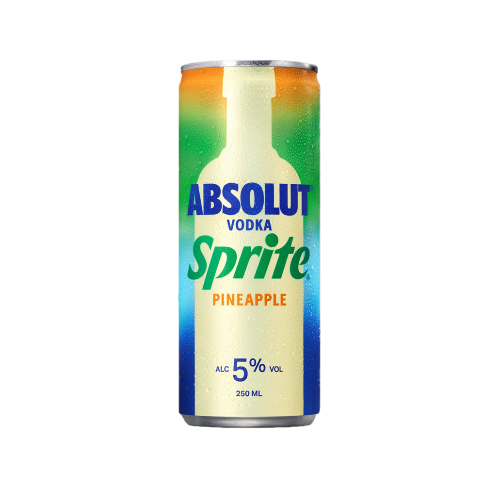 A 250ml can of Absolut & Pineapple ready-to-drink cocktail featuring a vibrant yellow and blue design with the Absolut logo.