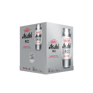 Four 440ml cans of Asahi Super Dry beer with silver and red labels, arranged in a cardboard pack.