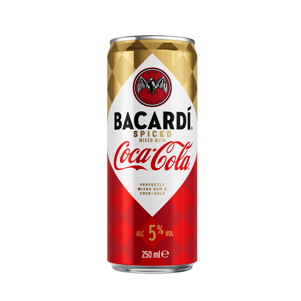 A 250ml can of Bacardi Spiced & Cola with a red label featuring the Bacardi bat logo, set against a white background.