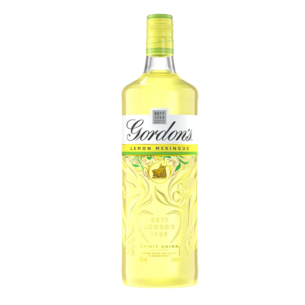 A 70cl bottle of Gordon Lemon Meringue, featuring a lemon design label and a screw cap, set against a plain background.
