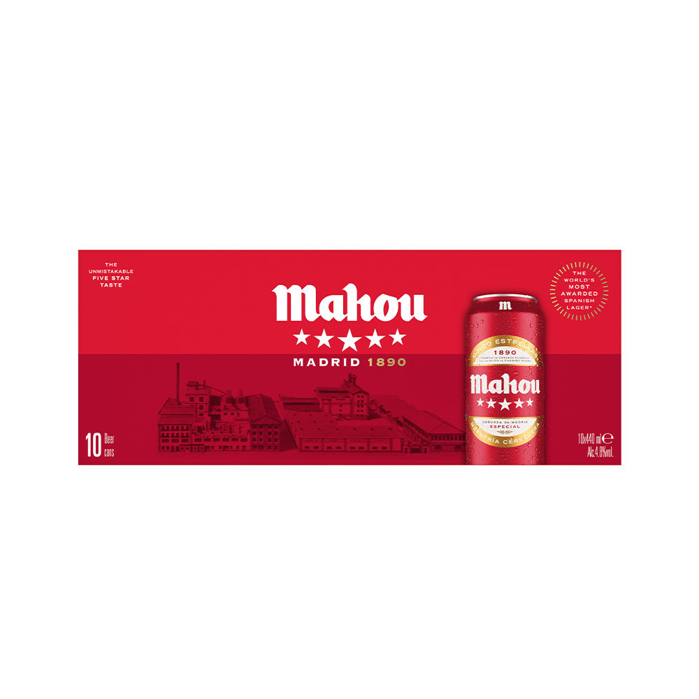 Pack of ten Mahou lager beer cans, each 440ml, with red and white label design, arranged in two rows.