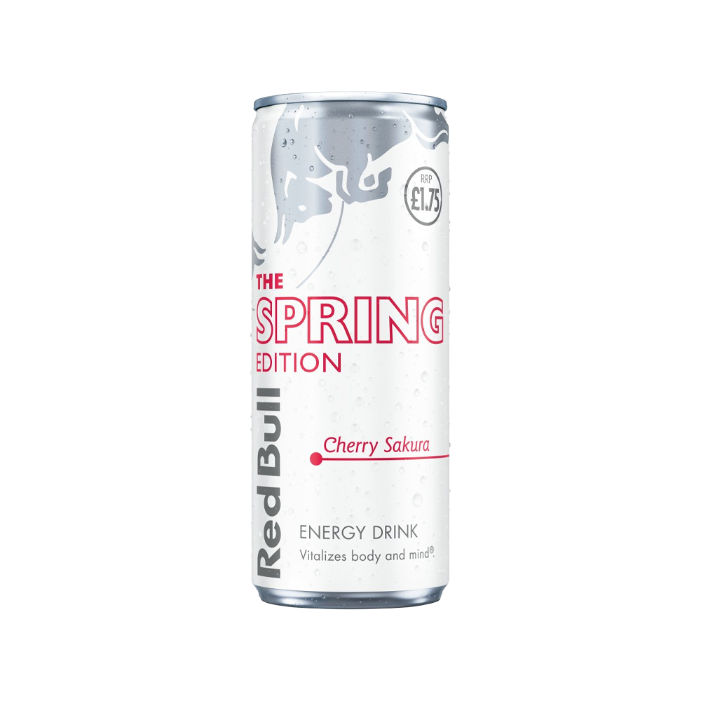 250ml can of Red Bull Spring Cherry Sakura edition, featuring pink cherry blossom graphics on a silver and pink background.