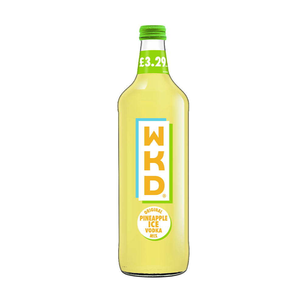 A 70cl bottle of WKD Pineapple Ice, featuring a bright yellow label with a pineapple graphic and the WKD logo in blue and white.