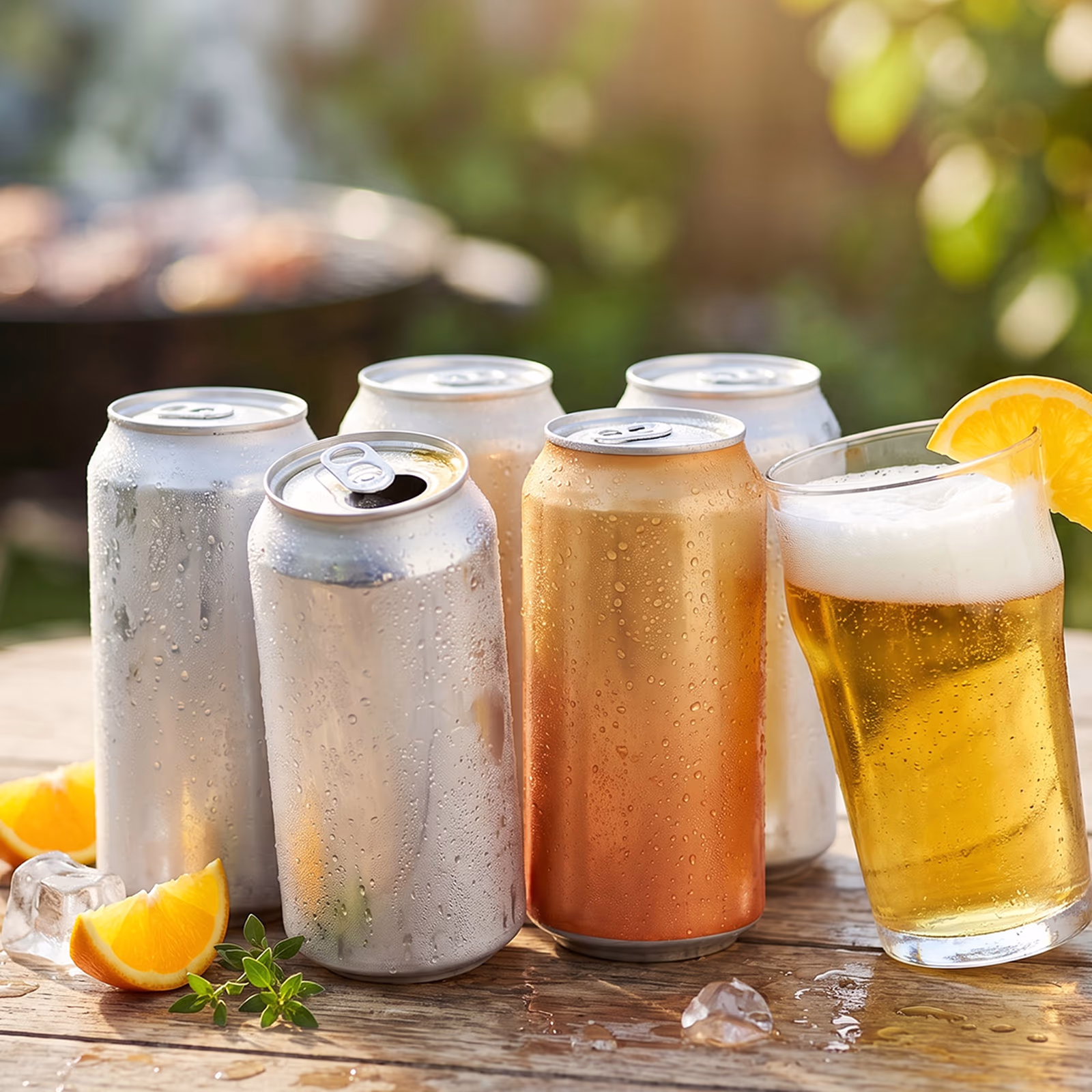 Chilled beer cans and a fresh pint with an orange slice on a garden table beside a BBQ, part of Bargain Booze's bank holiday booze deals.