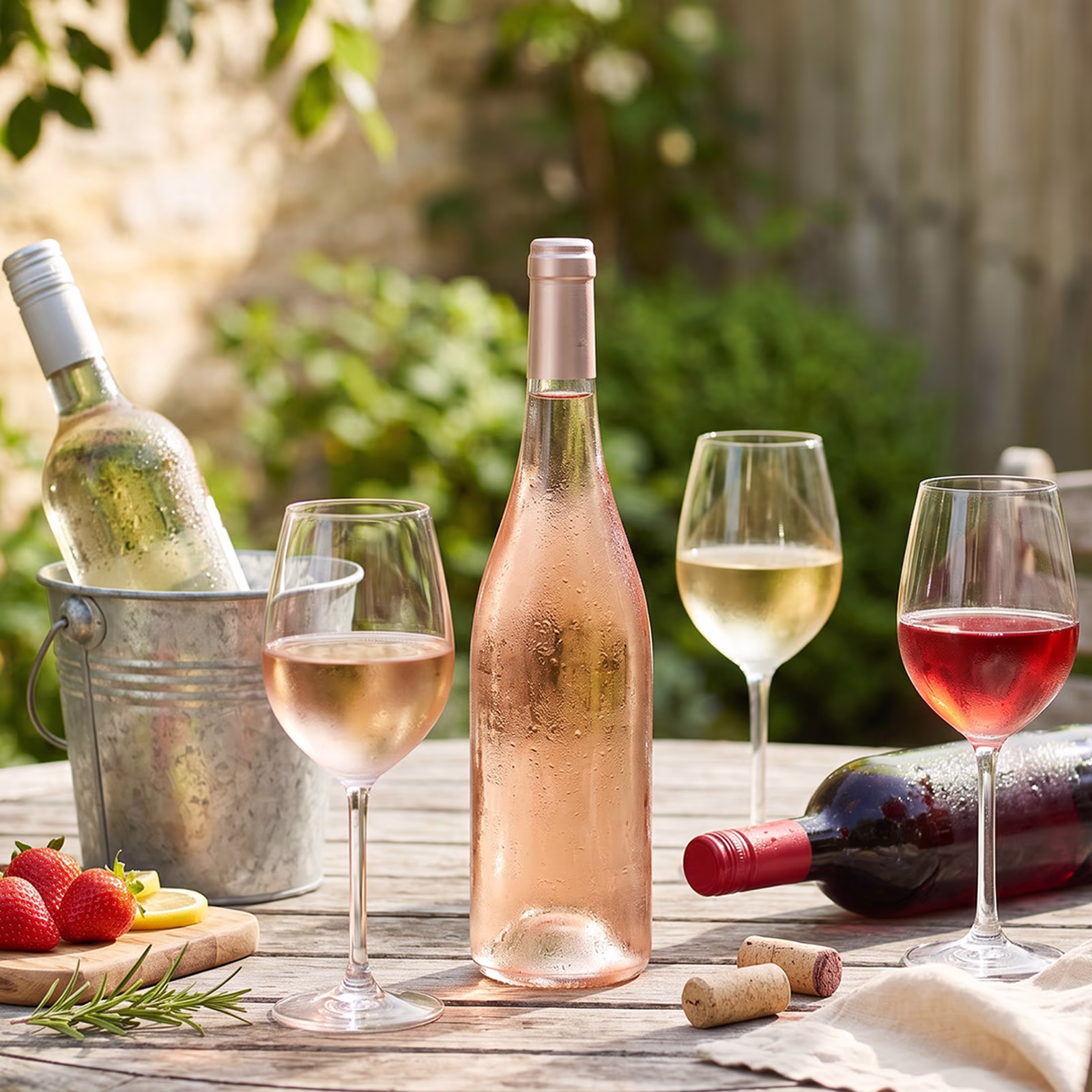 Chilled rosé, white and red wine bottles with filled glasses on a sunny garden table, showcasing Bargain Booze's bank holiday booze deals.