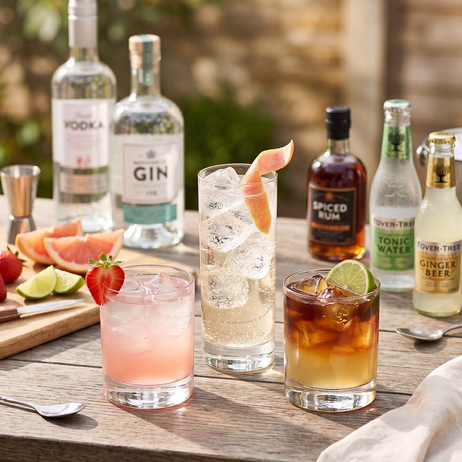 Vodka, gin and spiced rum with Fever-Tree tonic and ginger beer alongside three easy garden cocktails, showcasing Bargain Booze's bank holiday booze deals.