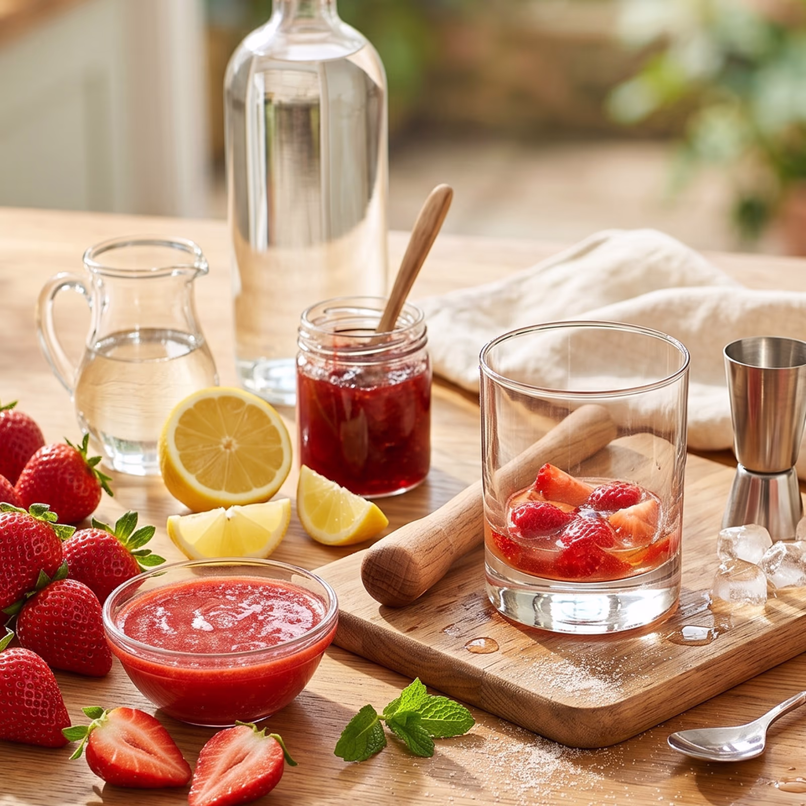 Fresh strawberries, lemon, strawberry jam and puree beside a muddling glass and jigger, answering FAQs about the Stoli Strawberry Kiss in Bargain Booze's bank holiday booze deals.