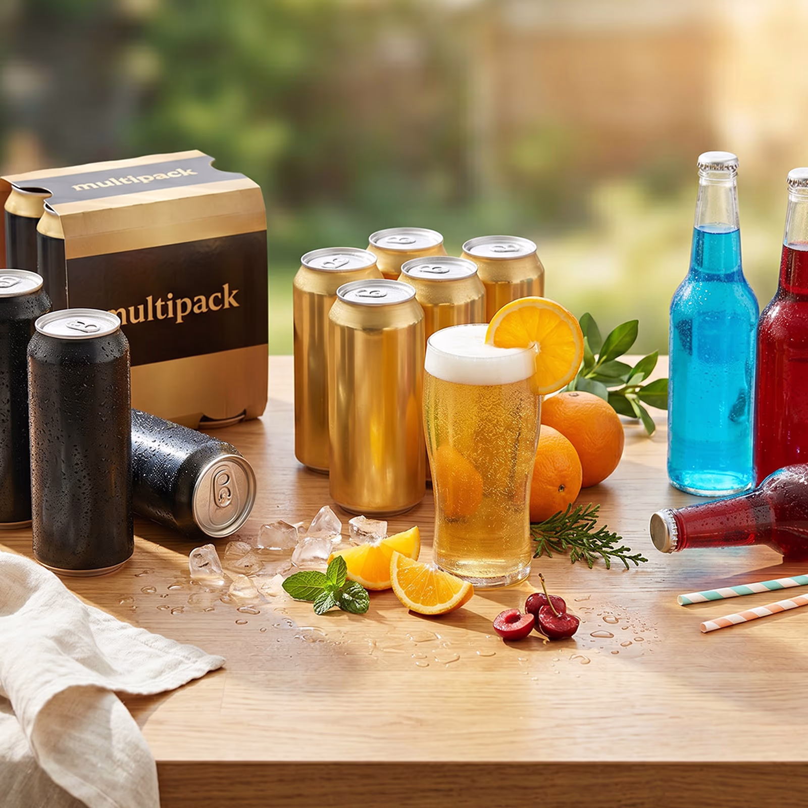 Lager multipack cans, a chilled pint with orange slice, and Old Mout berry and cherry ciders on a garden table, new-in-store favourites from Bargain Booze's bank holiday booze deals.