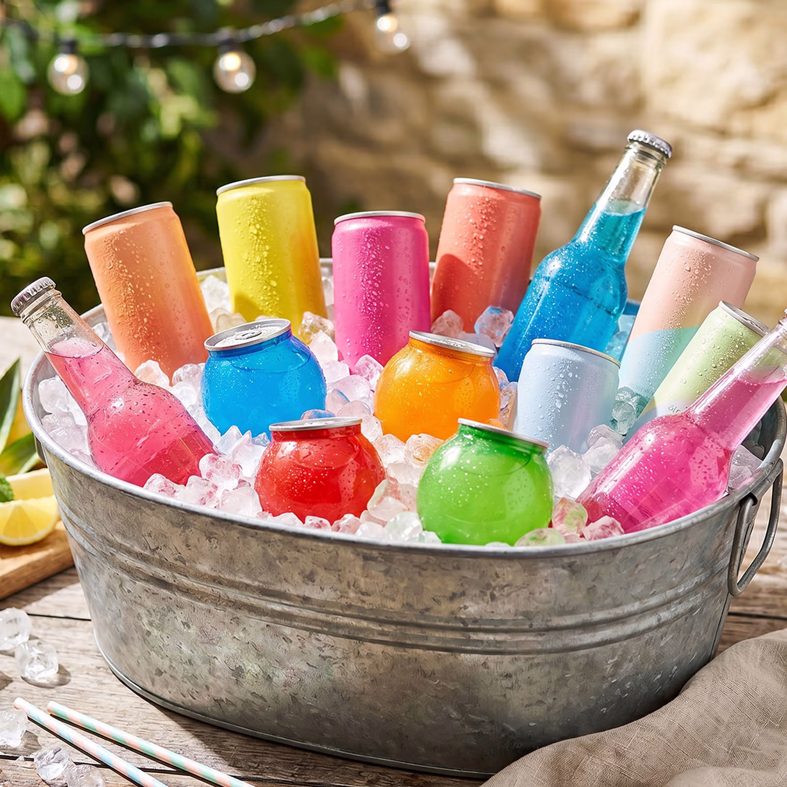 Colourful ready-to-drink cocktail cans, BuzzBallz and WKD bottles chilling in an ice-filled tub, part of Bargain Booze's bank holiday booze deals.