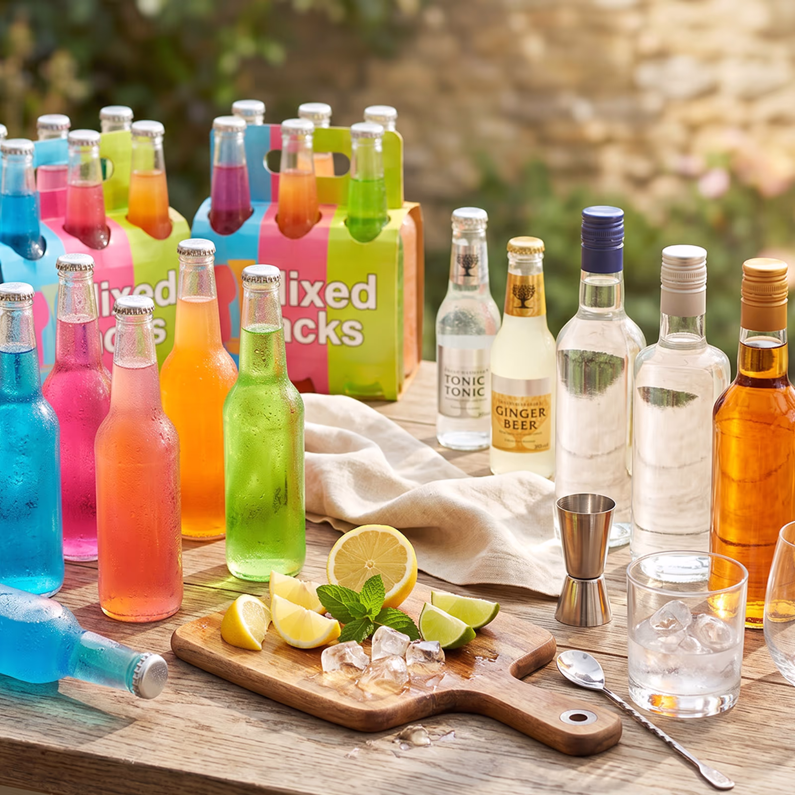 WKD mixed packs, Fever-Tree tonic and ginger beer, spirits and cocktail tools on a garden table, ready-to-drink picks from Bargain Booze's bank holiday booze deals.