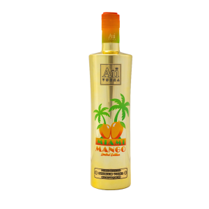 AU Vodka Miami Mango 70cl bottle with a golden cap and label, featuring a tropical mango design on a vibrant orange background.