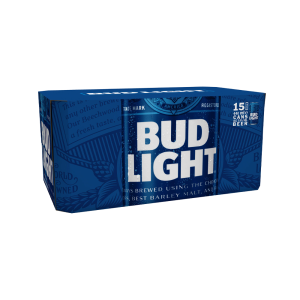 Pack of 15 Bud Light 440ml cans arranged in three rows, with blue and silver branding and "Bud Light" text visible.