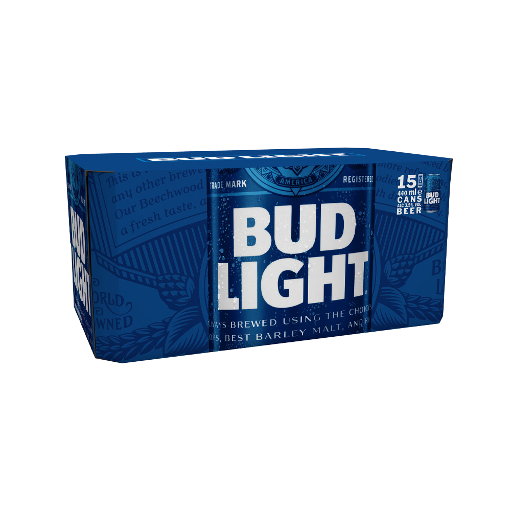 Pack of 15 Bud Light 440ml cans arranged in three rows, with blue and silver branding and "Bud Light" text visible.