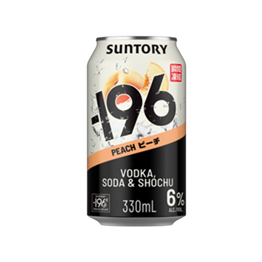 A 330ml can of -196 Peach With Shochu, featuring a peach graphic. The can is silver with orange accents and Japanese text.