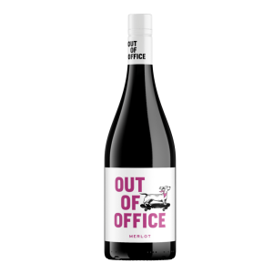 A 75cl bottle of Out Of Office Merlot wine with a red label and screw cap, set against a plain white background.