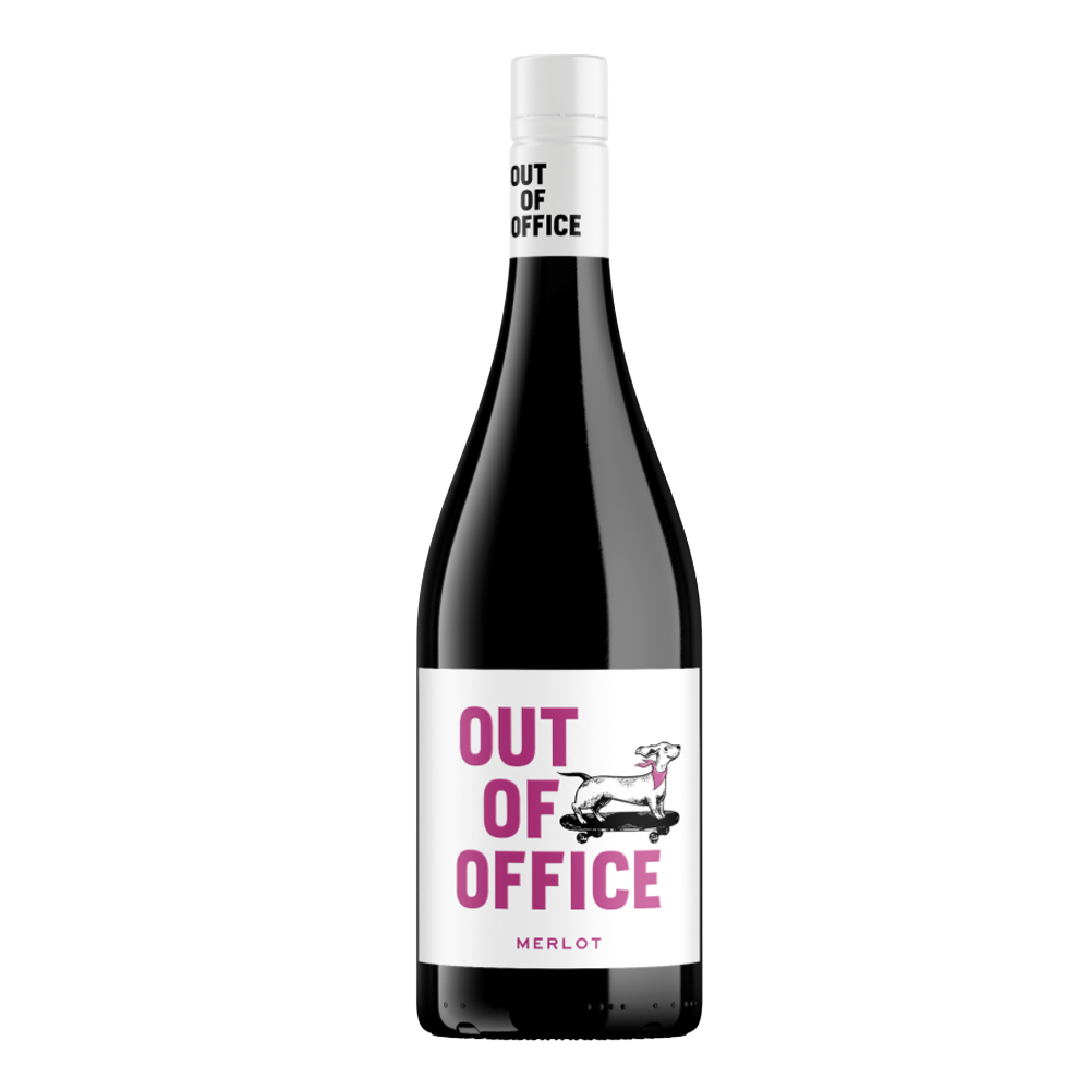 A 75cl bottle of Out Of Office Merlot wine with a red label and screw cap, set against a plain white background.
