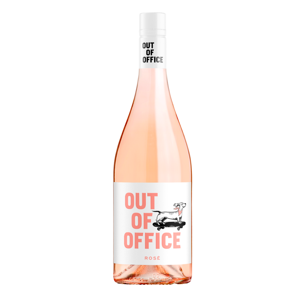 A 75cl bottle of Out Of Office Rosé wine with a pink label and a screw cap, placed against a plain white background.