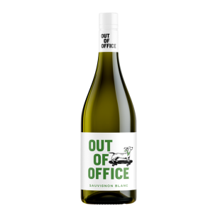Bottle of "Out Of Office" Sauvignon Blanc wine, 75cl, with a white label and green cap, set against a plain background.