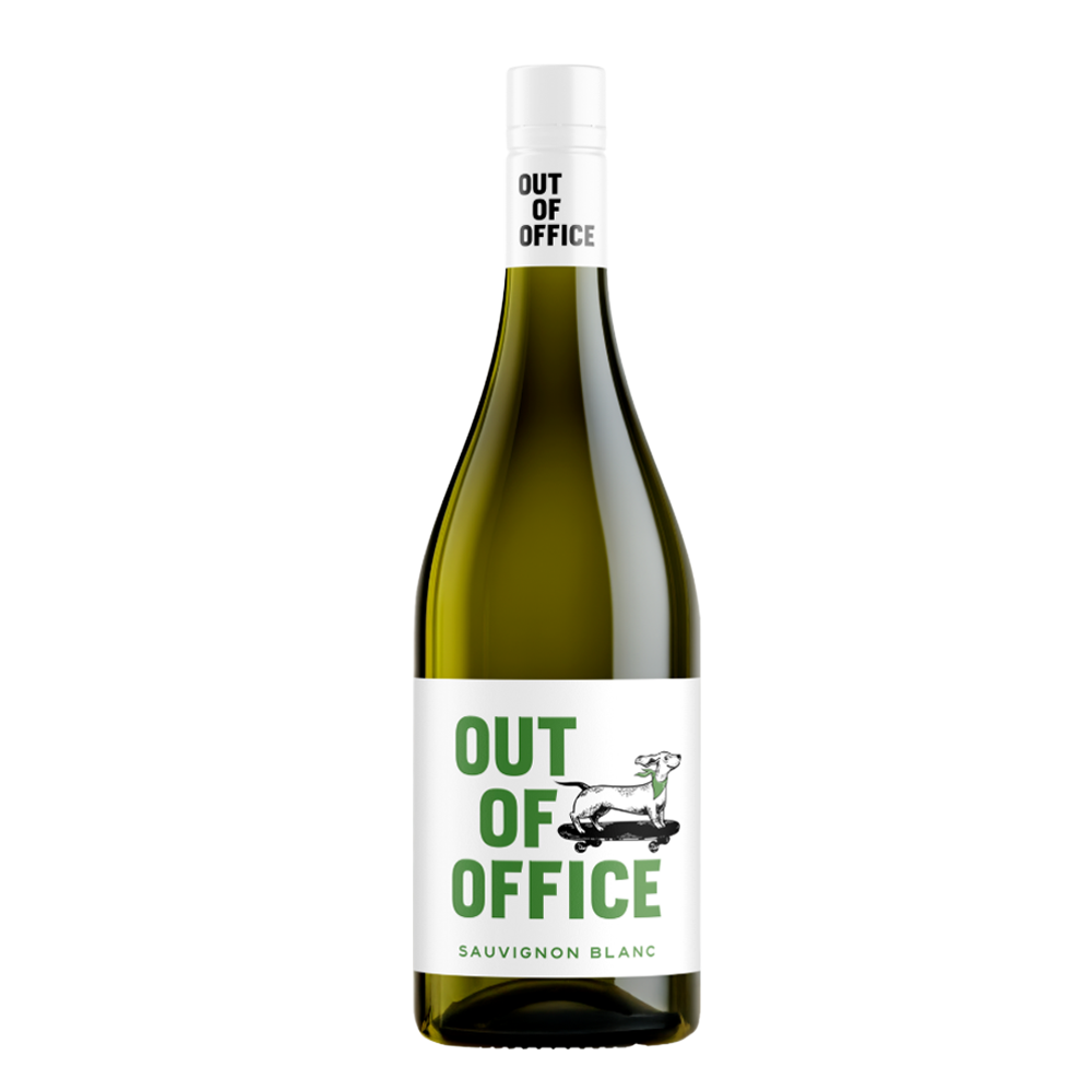 Bottle of "Out Of Office" Sauvignon Blanc wine, 75cl, with a white label and green cap, set against a plain background.