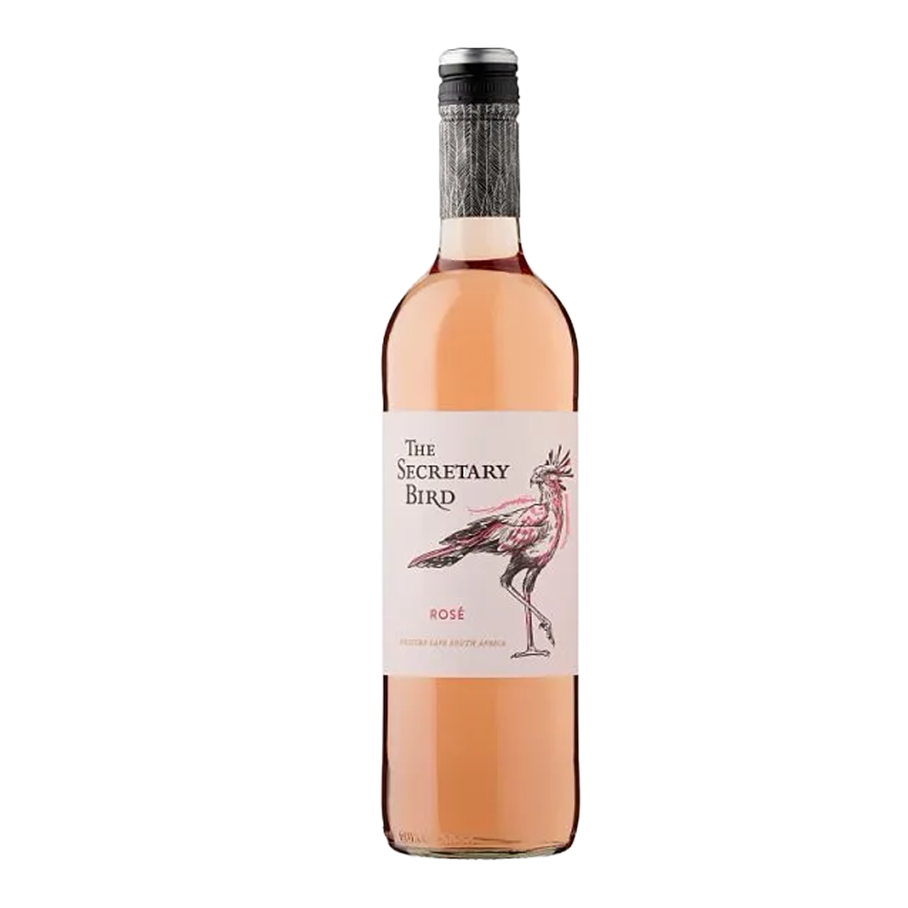 Bottle of The Secretary Bird Rosé wine, 75cl, with a pale pink label featuring a bird illustration and a screw cap.